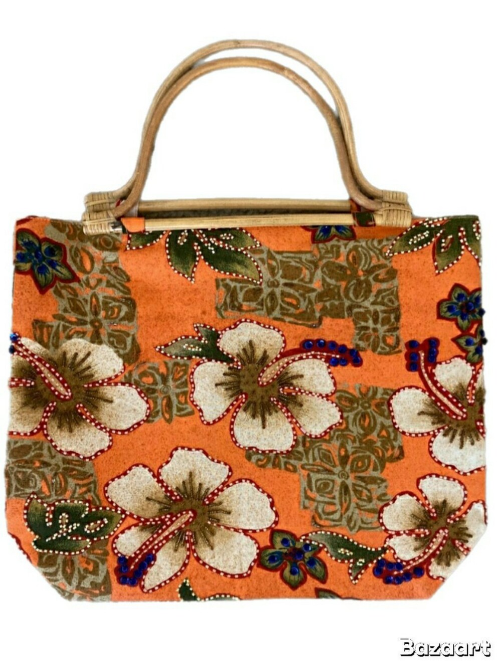 Vintage Mystique Hawaiian Style Embroidered Orange Floral Tote Bag
